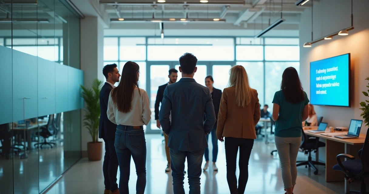 Equipe sendo recebida em ambiente de trabalho tech 