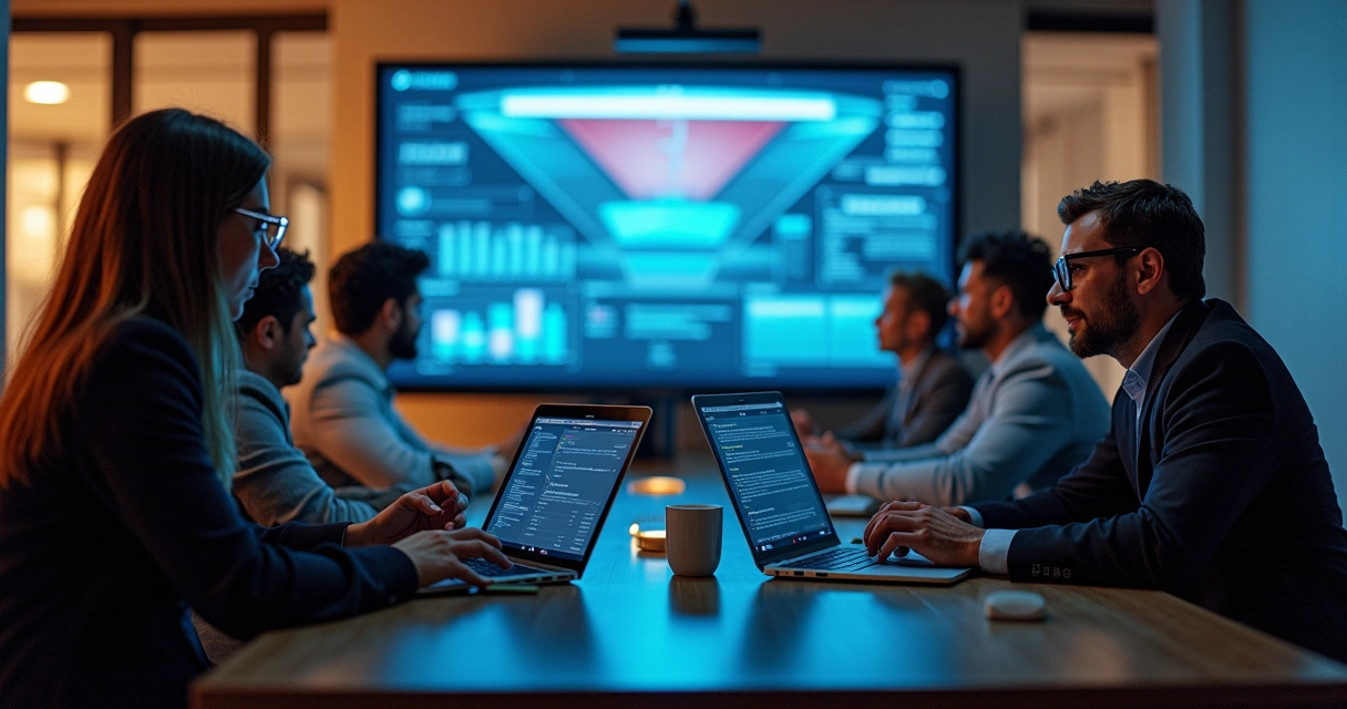 Equipe de vendas e marketing reunida analisando dados juntos 