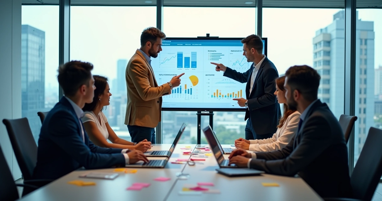 Times de marketing e vendas reunidos discutindo metas em sala de reunião. 