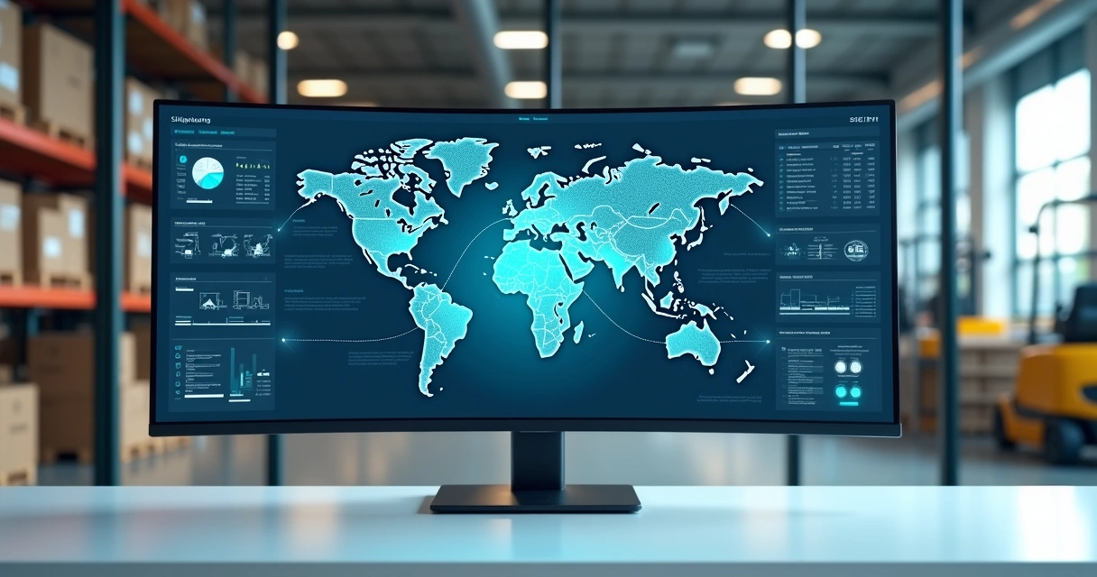 Tela com integração entre sistemas TMS e ERP em ambiente logístico moderno 