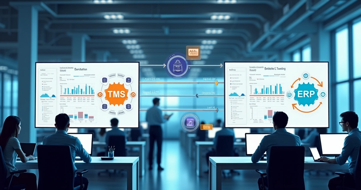 Diagrama mostrando integração entre sistemas TMS e ERP com setas indicando troca de dados em um escritório moderno