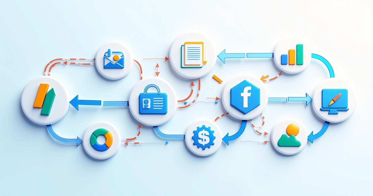 Fluxo digital ligando anúncios pagos a CRM e automação, com setas e ícones conectando campanhas, leads e vendas. 