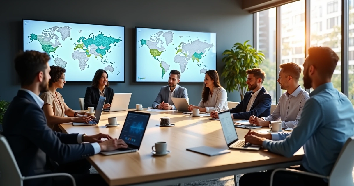 Reunião corporativa com pessoas discutindo soluções de transporte e benefícios em uma sala moderna 