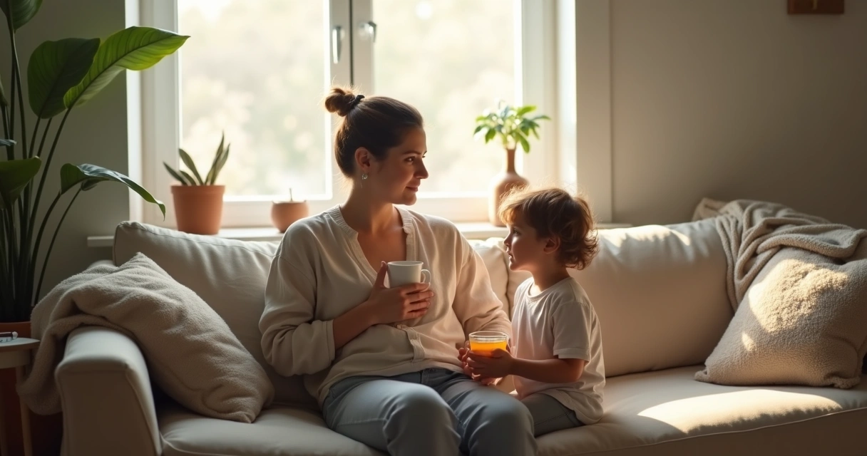 Adulto sentado em sofá acolhendo lembrança da infância em ambiente calmo 