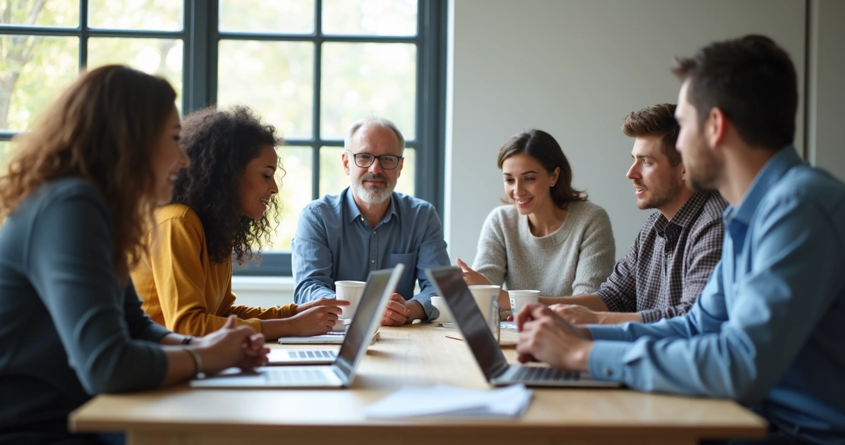 Equipe de trabalho reunida trocando ideias em torno de uma mesa 