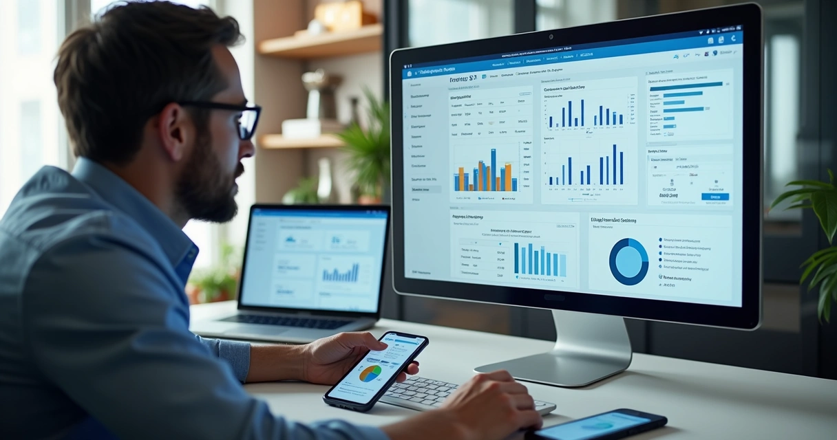 Tela de sistema integrado exibindo estoque unificado, vendas em tempo real e controle financeiro com gráficos detalhados 