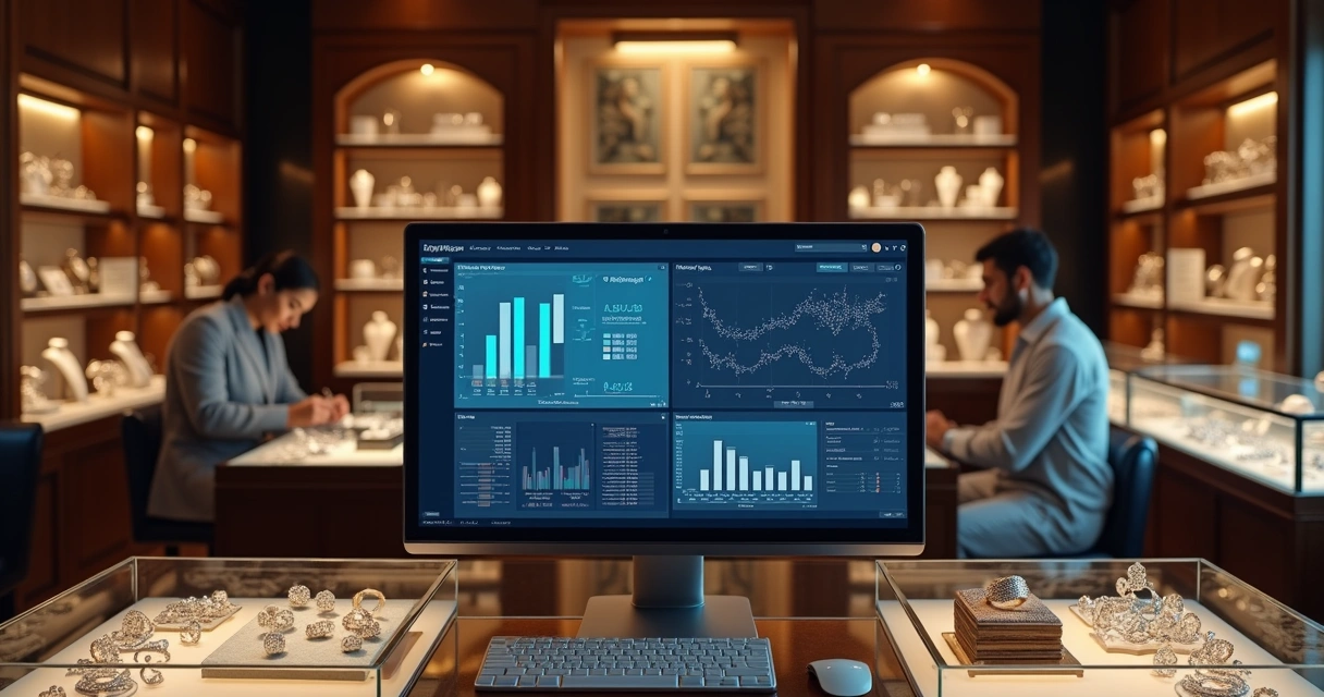 Computador moderno exibindo sistema de gestão de vendas e estoque para joalherias em ambiente elegante de loja com joias expostas 