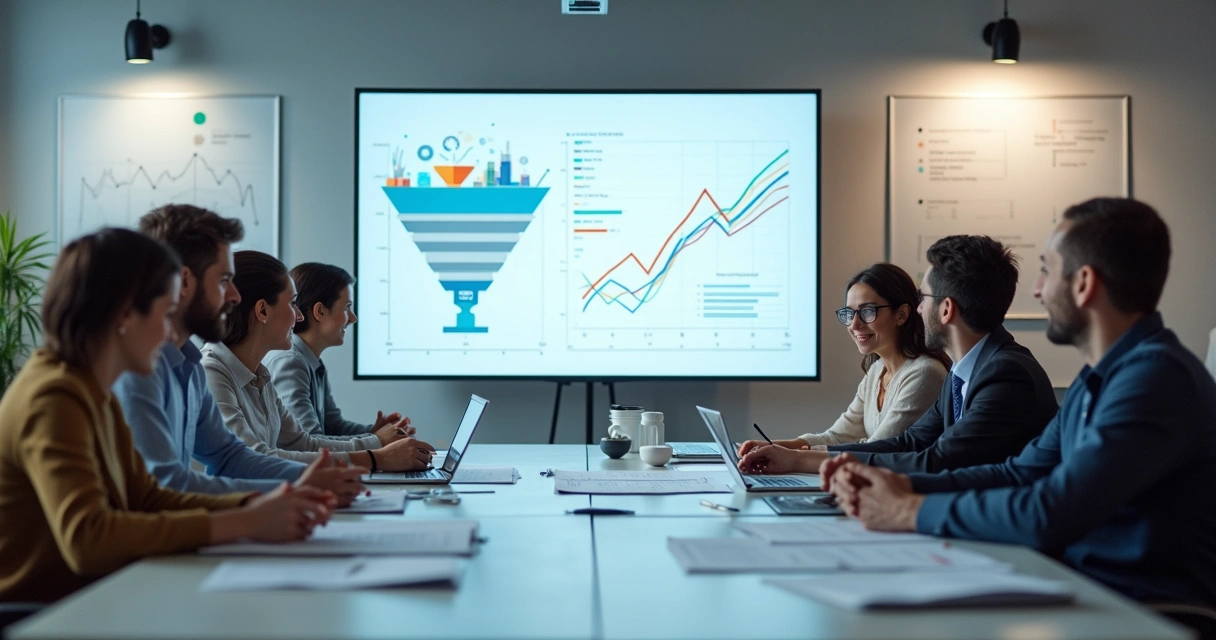 Equipe de marketing e vendas analisando leads juntos 