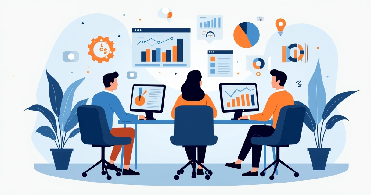 Profissionais analisando dados integrados de vendas e marketing em painéis digitais 