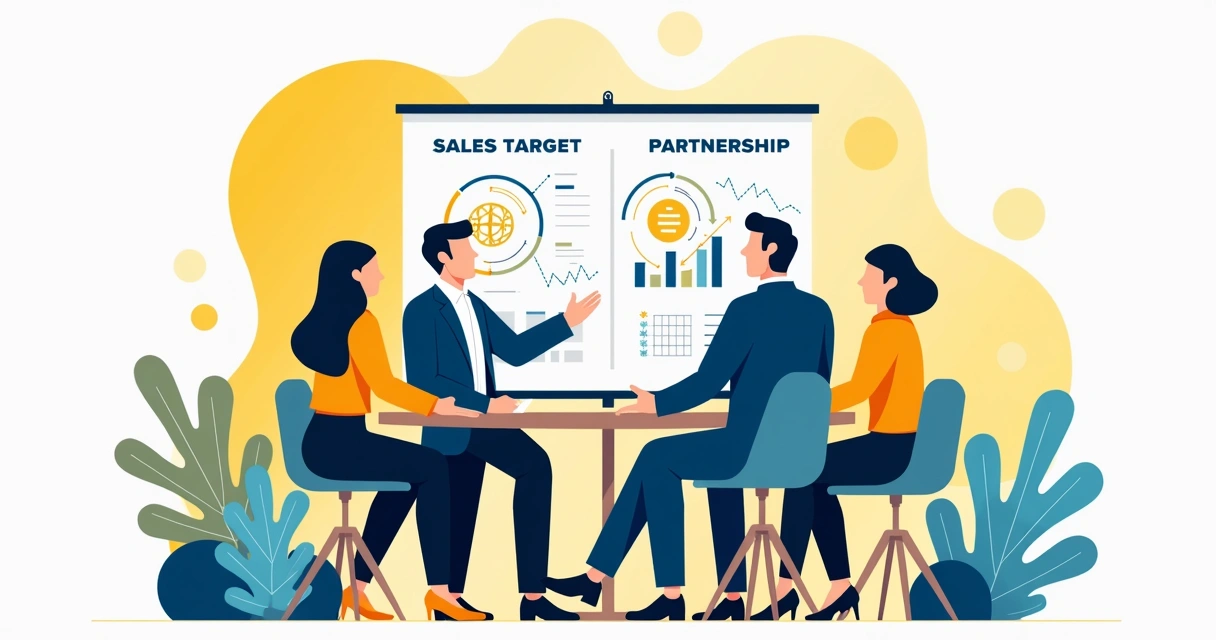 Equipes de vendas e parcerias reunidas em brainstorming com quadro de metas ao fundo 