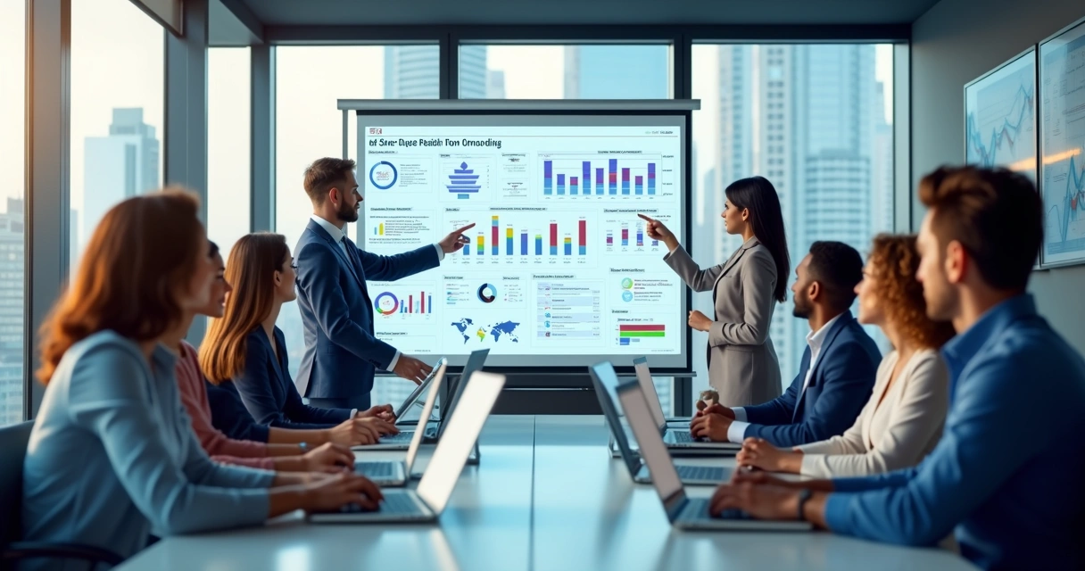 Equipe de vendas reunida em sala moderna com notebooks, gráficos e anotações em quadro branco durante treinamento 