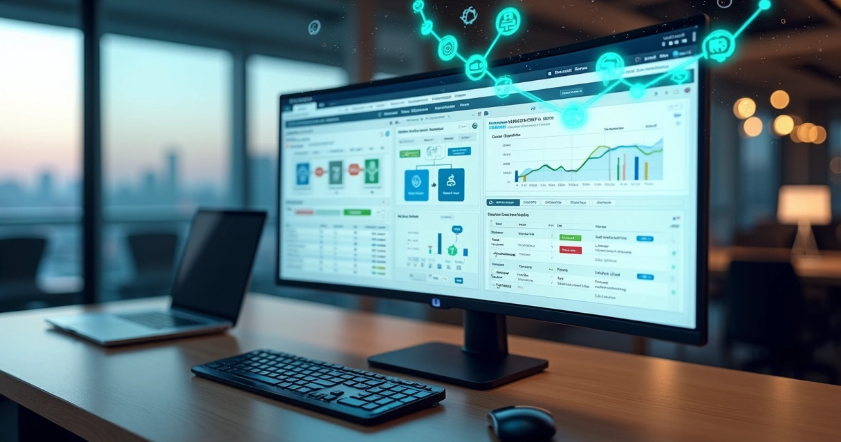 Tela dividida mostrando integrações visuais entre ERP e CRM em um painel moderno 