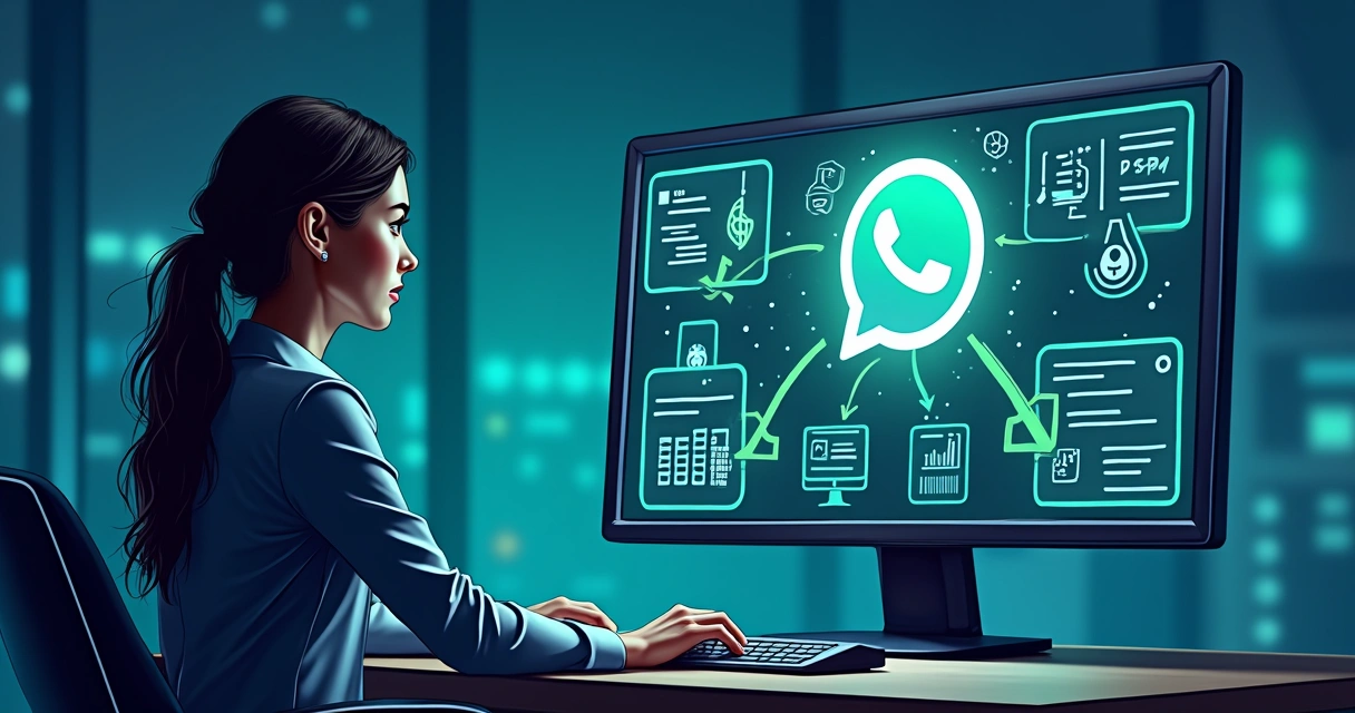 Fluxo ilustrado de integração WhatsApp e ERP em tela de computador 