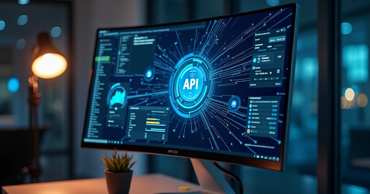Tela de computador exibindo interface gráfica de integração via API com fluxos de dados conectando sistemas diversos