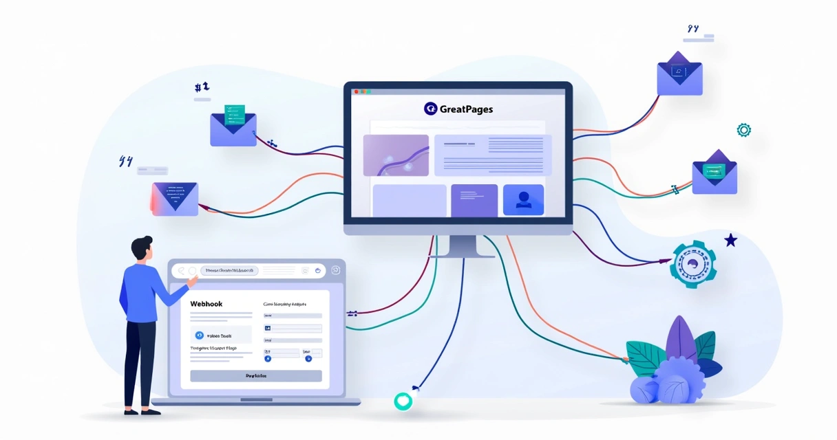 Diagrama ilustrado conectando GreatPages a várias ferramentas por webhook 
