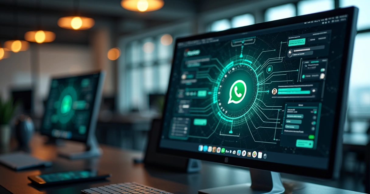 Tela de computador exibindo fluxo automatizado conectado a API oficial do WhatsApp com gráficos de vendas e ícones de integração entre sistemas 