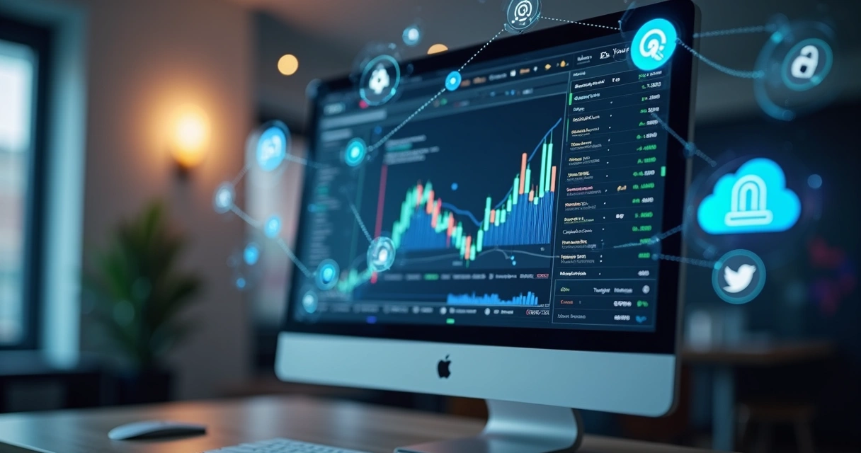Tela de computador exibindo gráficos financeiros e notificações em tempo real, conectada a múltiplos ícones de aplicativos e bancos ao redor, simbolizando integração via webhooks 