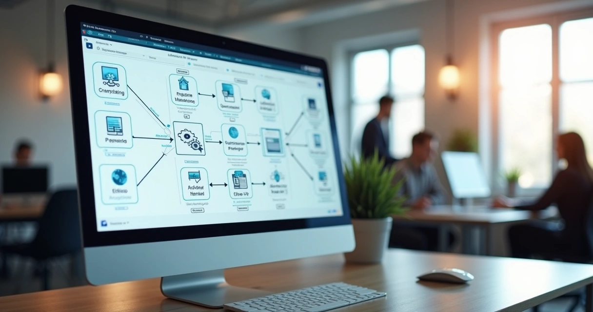 Tela de computador exibindo fluxo de integração entre sistemas com webhooks em ambiente de escritório moderno 