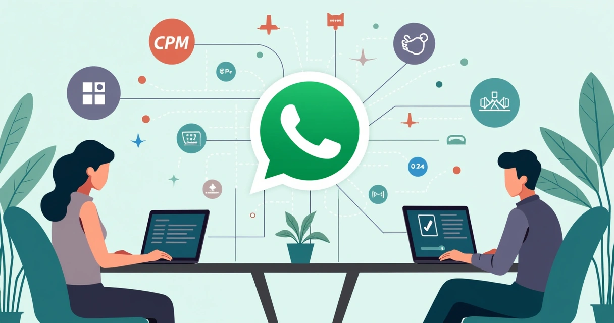 Ilustração mostrando telas de WhatsApp e ícones de integração entre sistemas 
