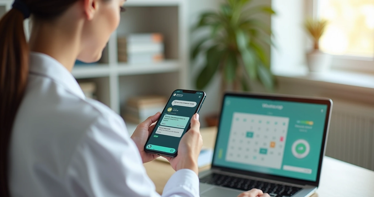 Profissional de saúde usando smartphone com interface do WhatsApp exibida, em consultório organizado e moderno com computador e agenda ao fundo 