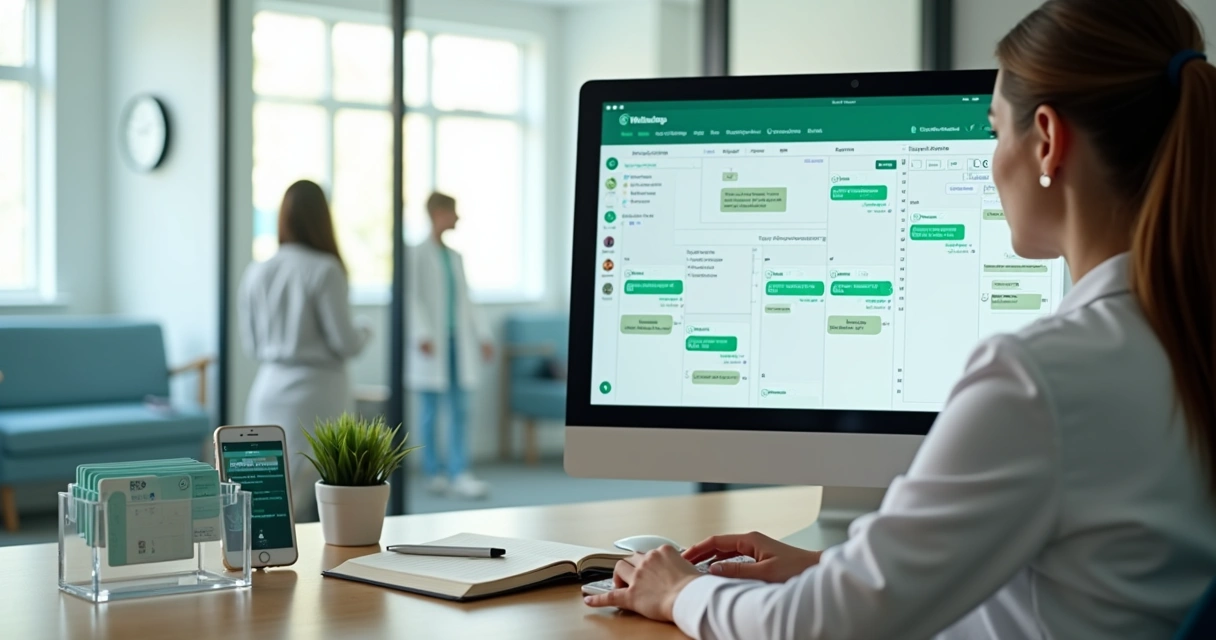 Secretária de clínica usando computador com painel de WhatsApp integrado 