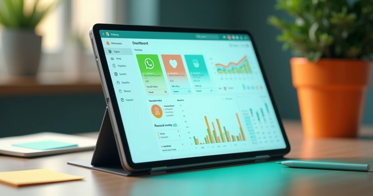 Tela de painel mostrando integração de WhatsApp, e-mail e tarefas