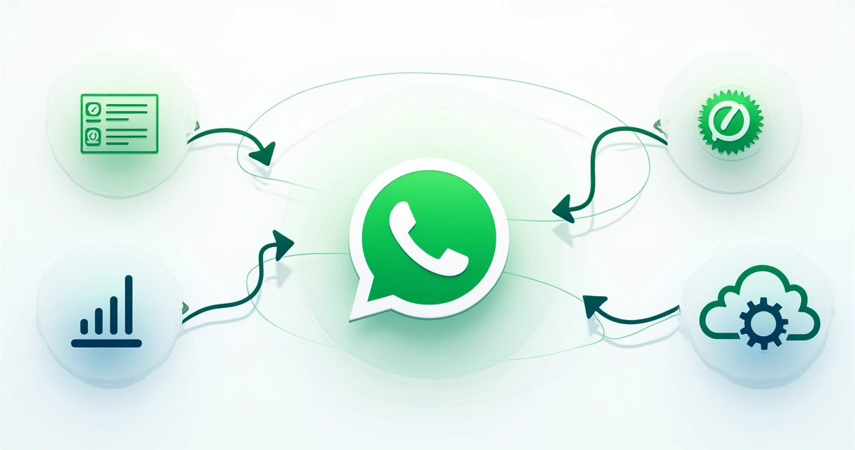 Fluxo integrando WhatsApp, CRM e automação digital com ícones conectados.