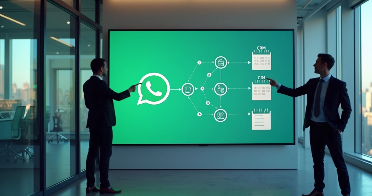 Fluxo de integração entre WhatsApp e sistemas CRM em telão