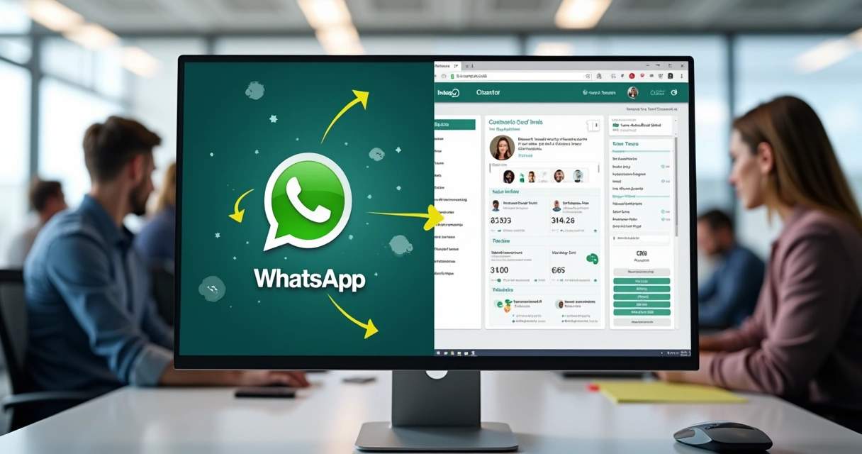 Tela de computador mostrando integração entre WhatsApp e CRM com mensagens sendo transferidas 