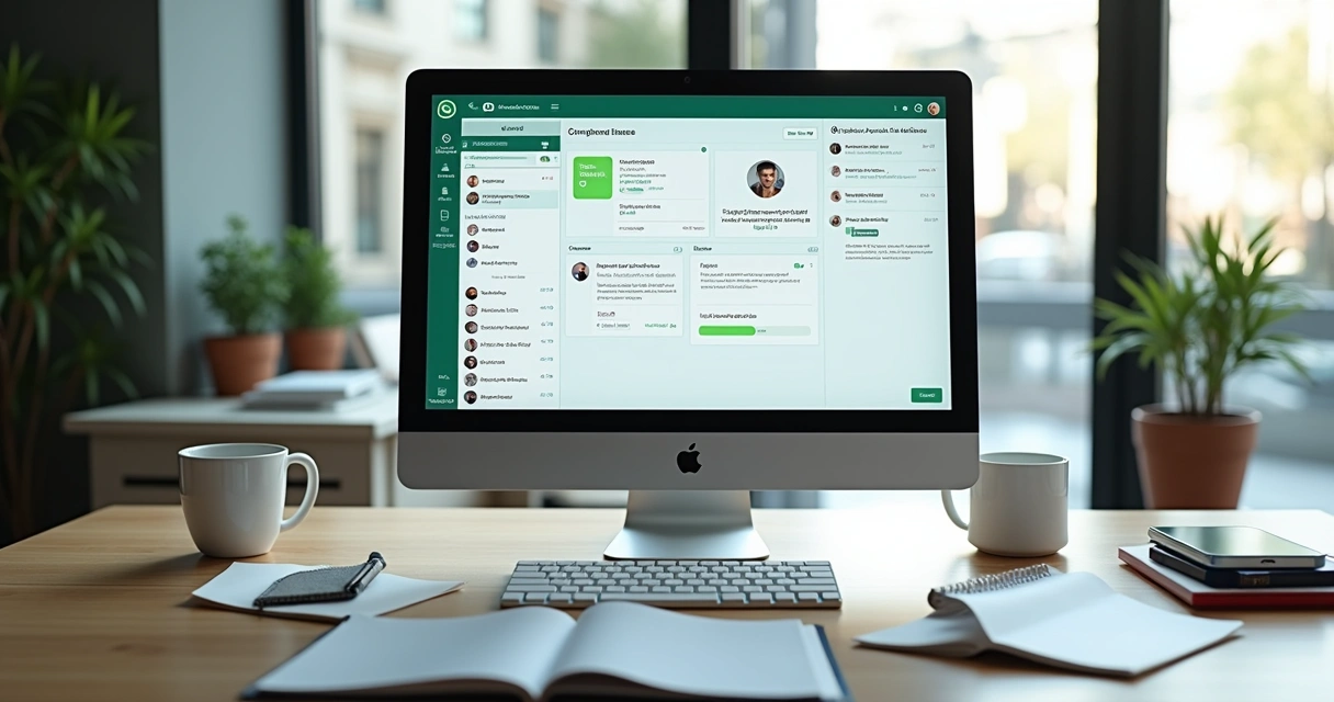 Tela de integração do WhatsApp com CRM em ambiente corporativo moderno 