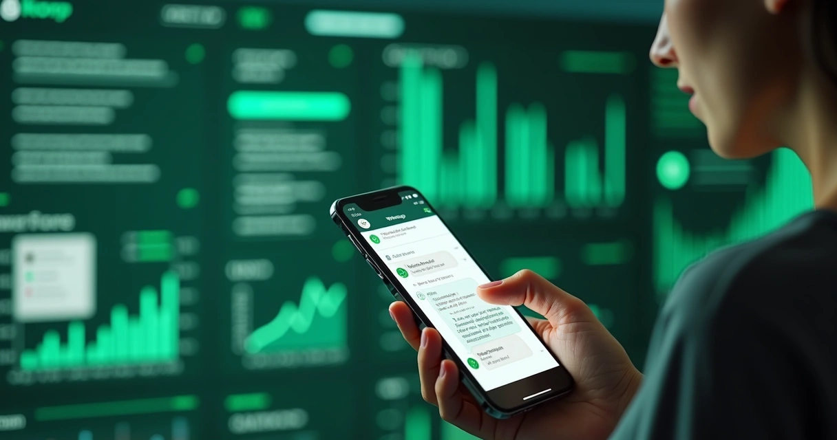 Agente de IA usando WhatsApp ligado a dashboards de CRM, com gráficos e dados ao fundo. 