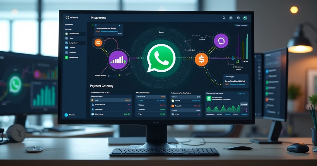 Painel mostrando integração entre WhatsApp, CRM, ERP e pagamentos 