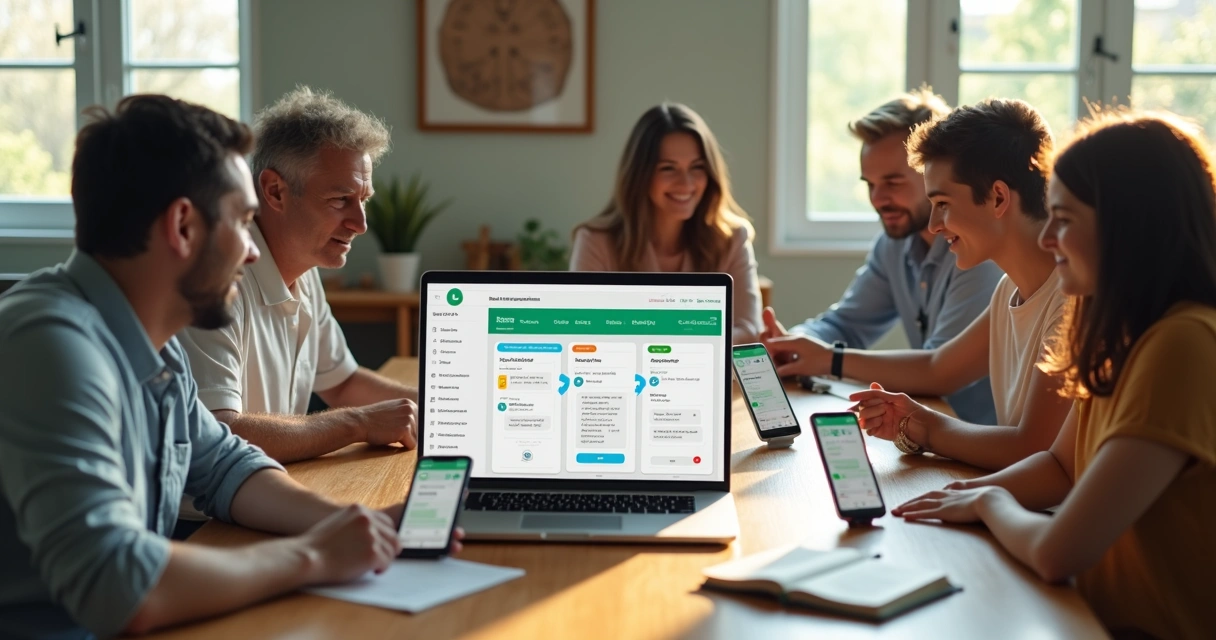 Líder de igreja reunido com equipe usando WhatsApp e CRM em mesa de reunião 