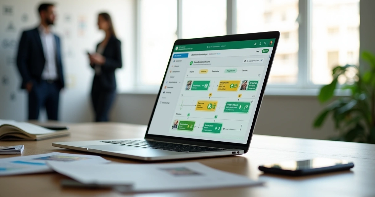 Tela de CRM imobiliário exibindo funil de vendas integrado ao WhatsApp em notebook sobre mesa de escritório 