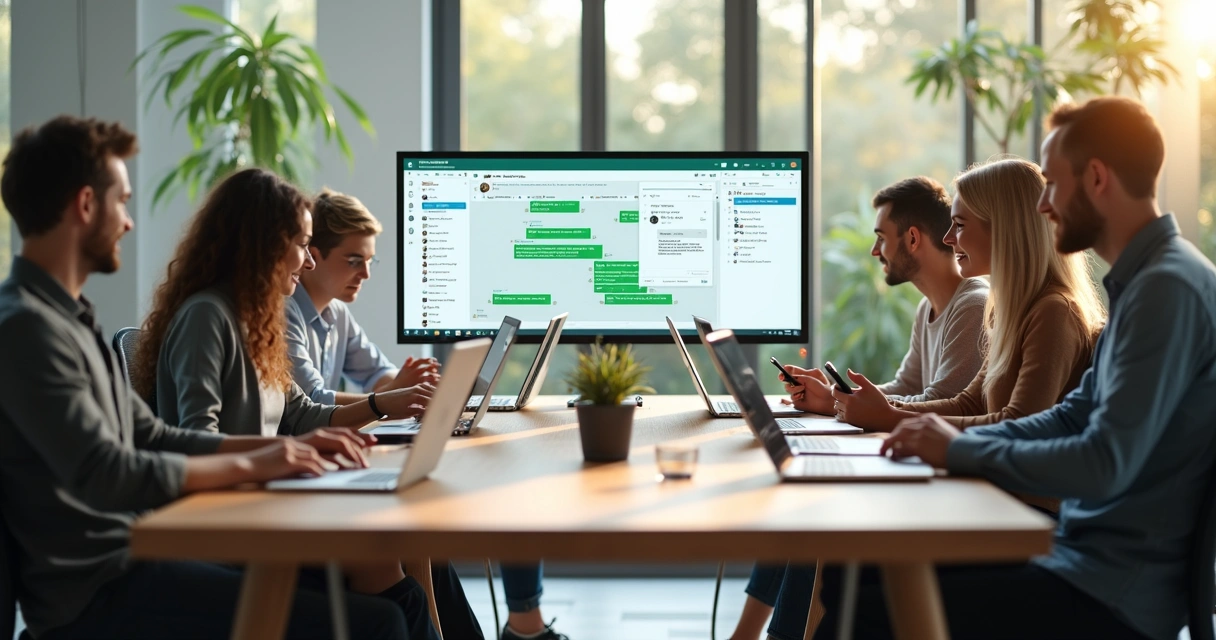Equipe de vendas reunida com computadores mostrando integração entre WhatsApp e CRM 
