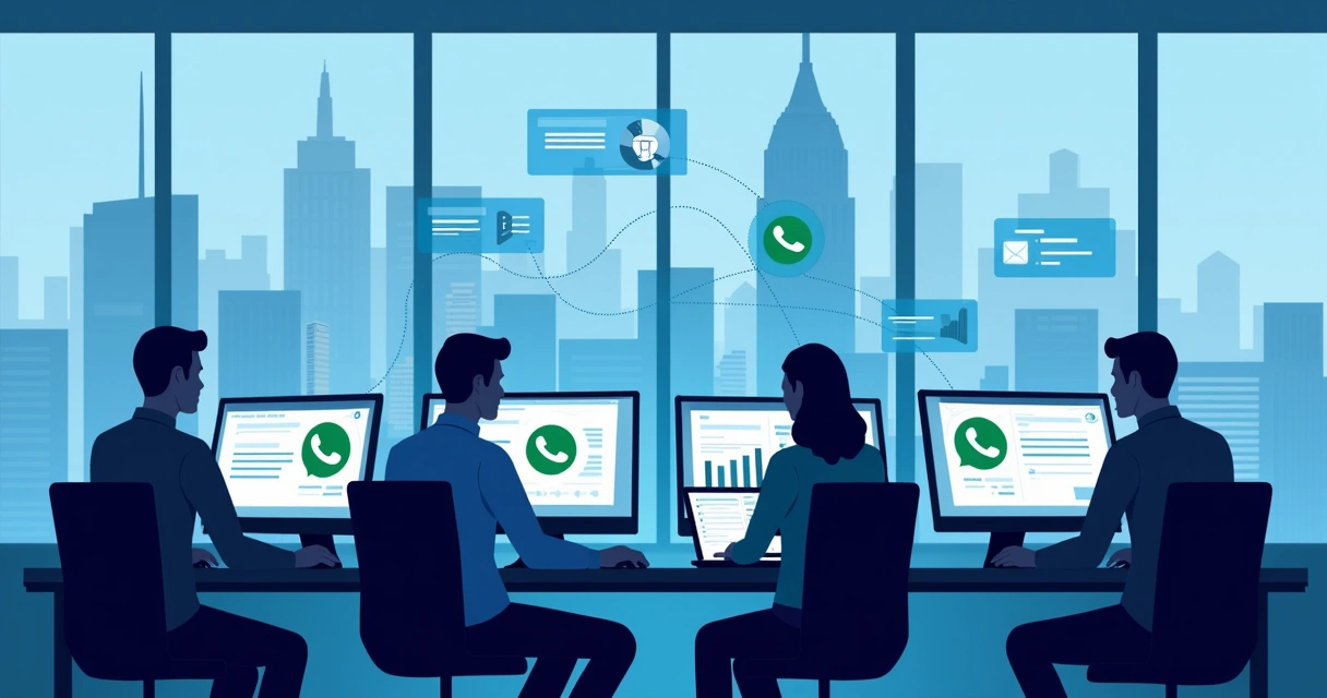 Equipe ao redor de computadores integrando WhatsApp ao CRM 