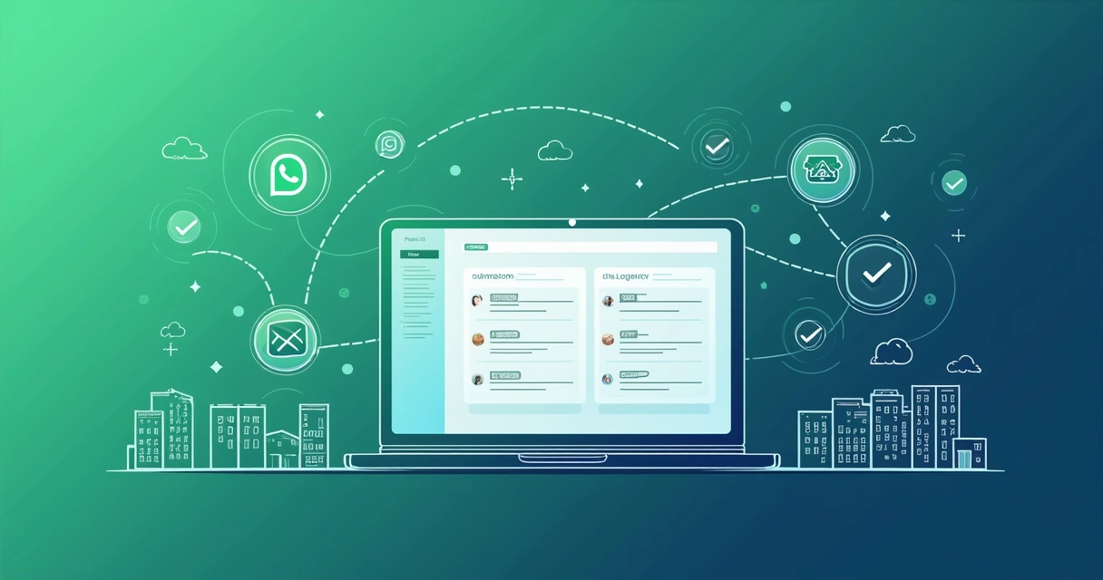 Integração visual de sistema de automação com WhatsApp, email e painel de tarefas condominiais.