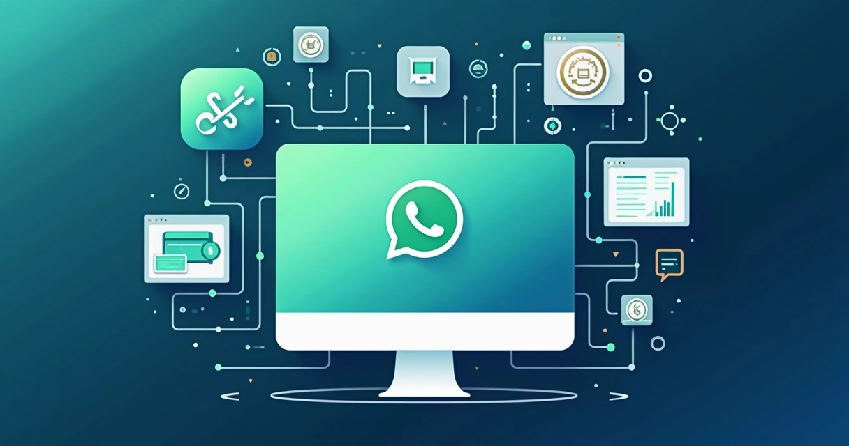 Tela de computador mostrando integrações via WhatsApp entre chatbots, CRM e pagamentos