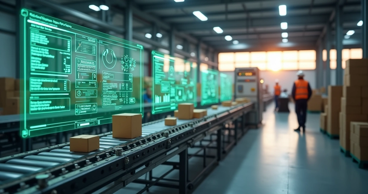 Linha de produção industrial conectada a telas de ERP e mensagens do WhatsApp 