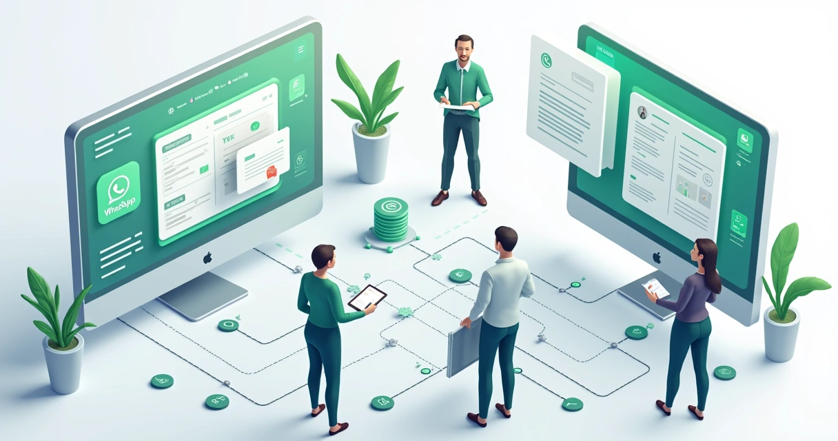 Equipe conectando sistema ERP de nicho ao WhatsApp em ilustração corporativa 