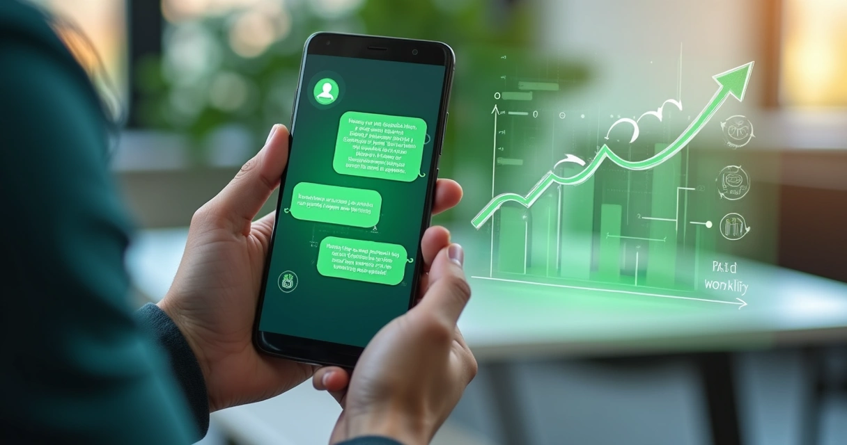 Smartphone exibindo conversa ativa no WhatsApp Business com gráficos de funil de vendas ao fundo 