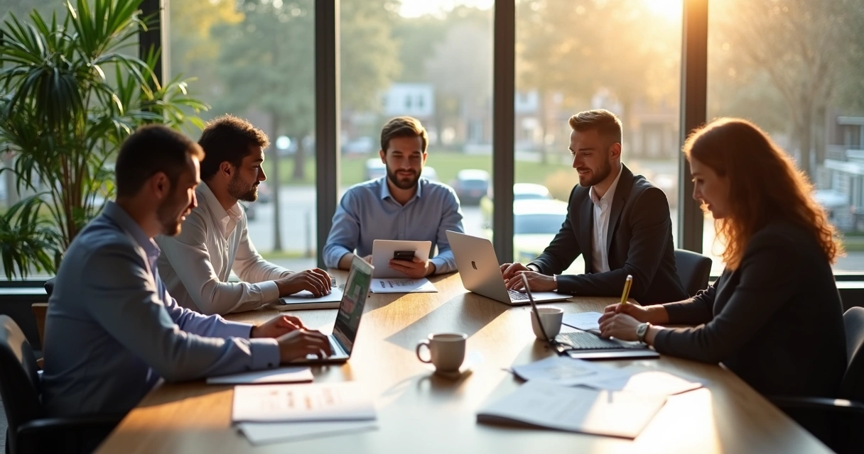 Equipe de corretores utilizando integração pelo WhatsApp em grande mesa de trabalho