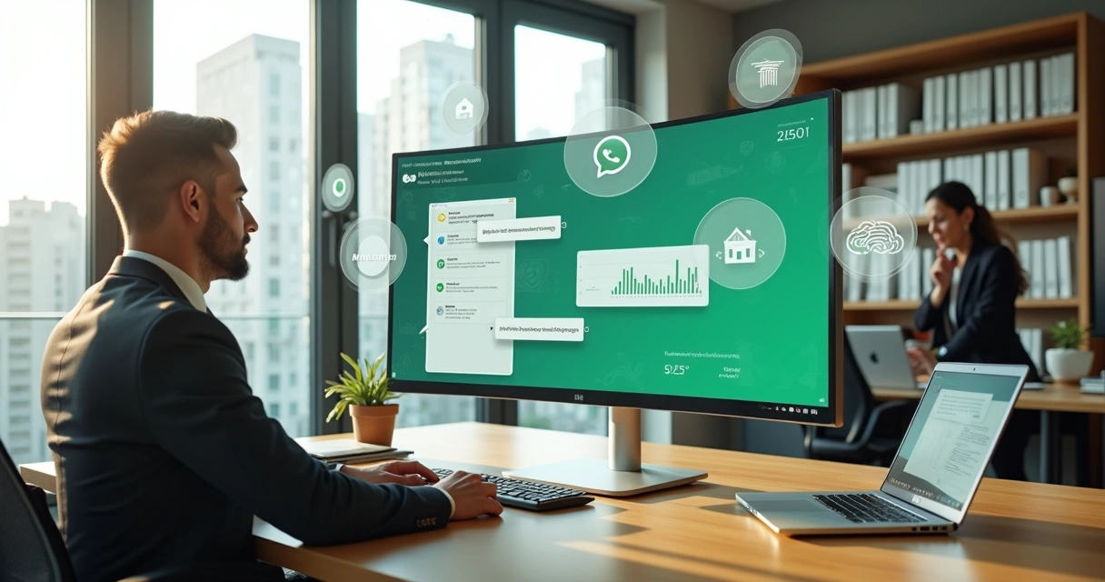 Gestor de imobiliária analisando no computador a integração de atendente de IA com WhatsApp Business 