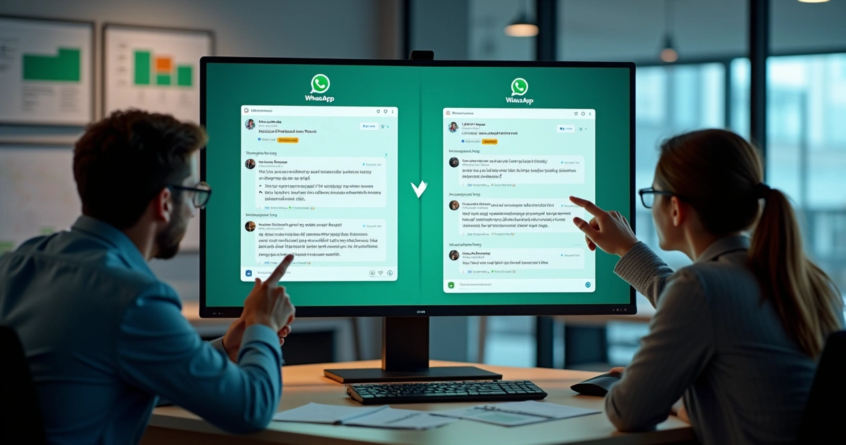 Integração de WhatsApp e Instagram em uma tela de computador com equipe acompanhando 