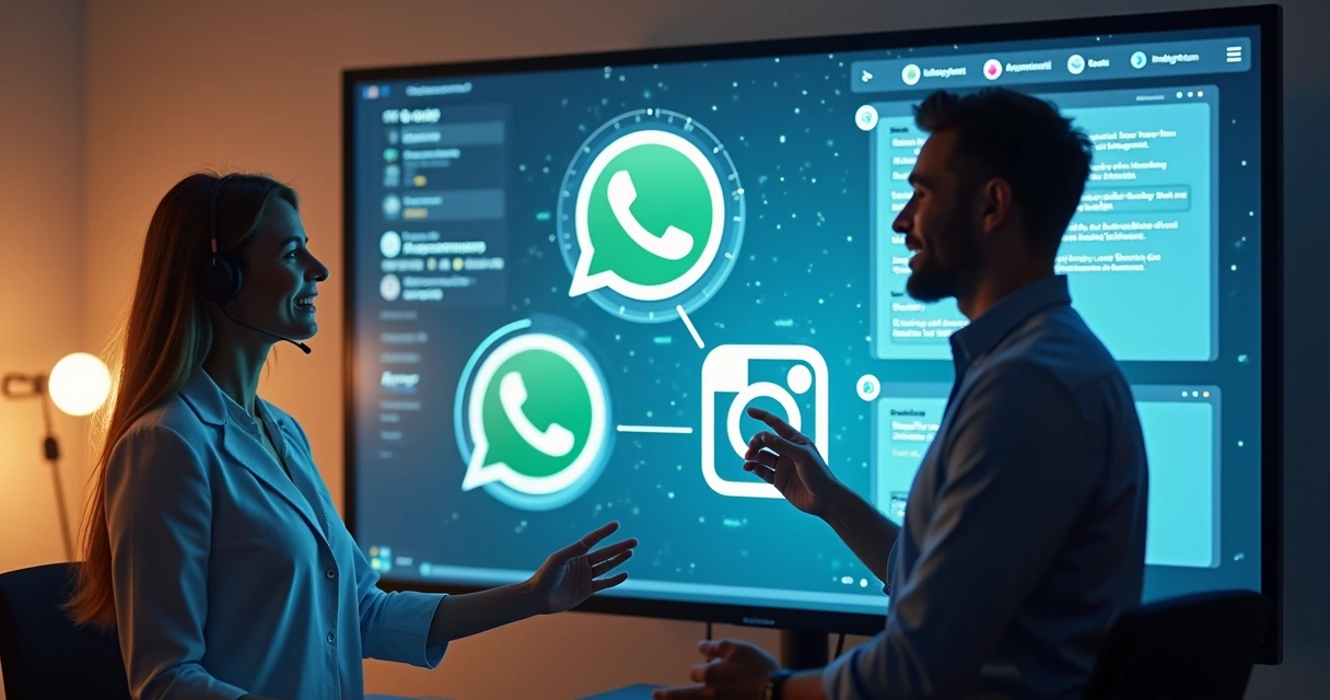 Equipe de suporte orientando integração do WhatsApp e Instagram em painel digital. 