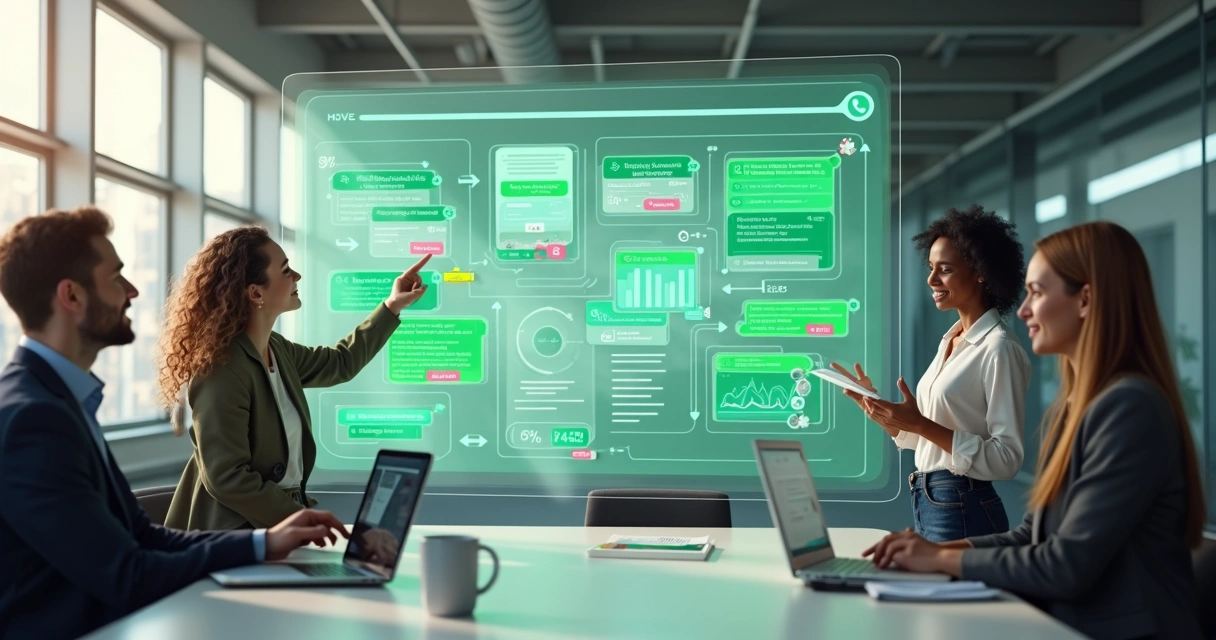Equipe de marketing acompanhando fluxo integrado entre WhatsApp e Monday em painel digital 