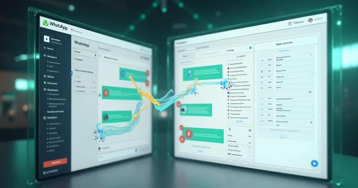 Tela ilustrando integração entre WhatsApp e Notion, mostrando dados sendo transferidos 