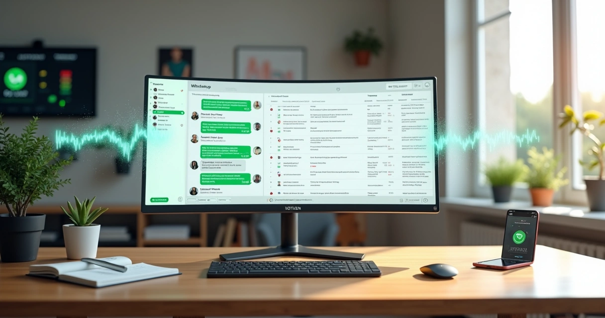 Tela dividida mostrando WhatsApp e Notion conectados com leads organizados em um painel moderno 