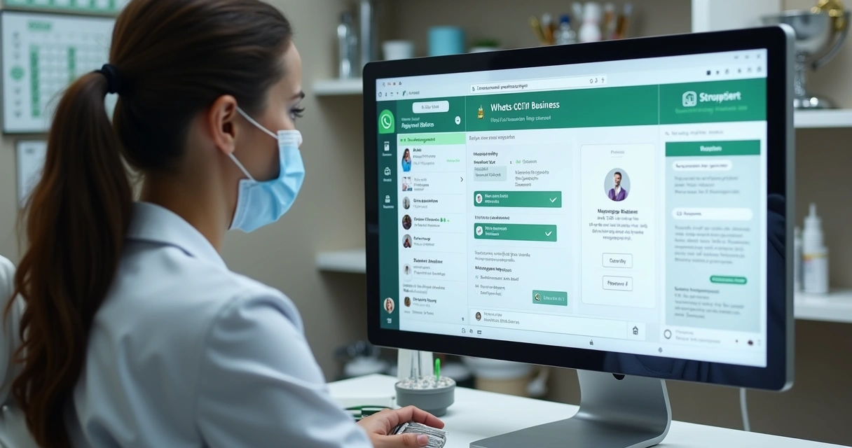 Dentista usando computador com integração do WhatsApp Business na clínica 