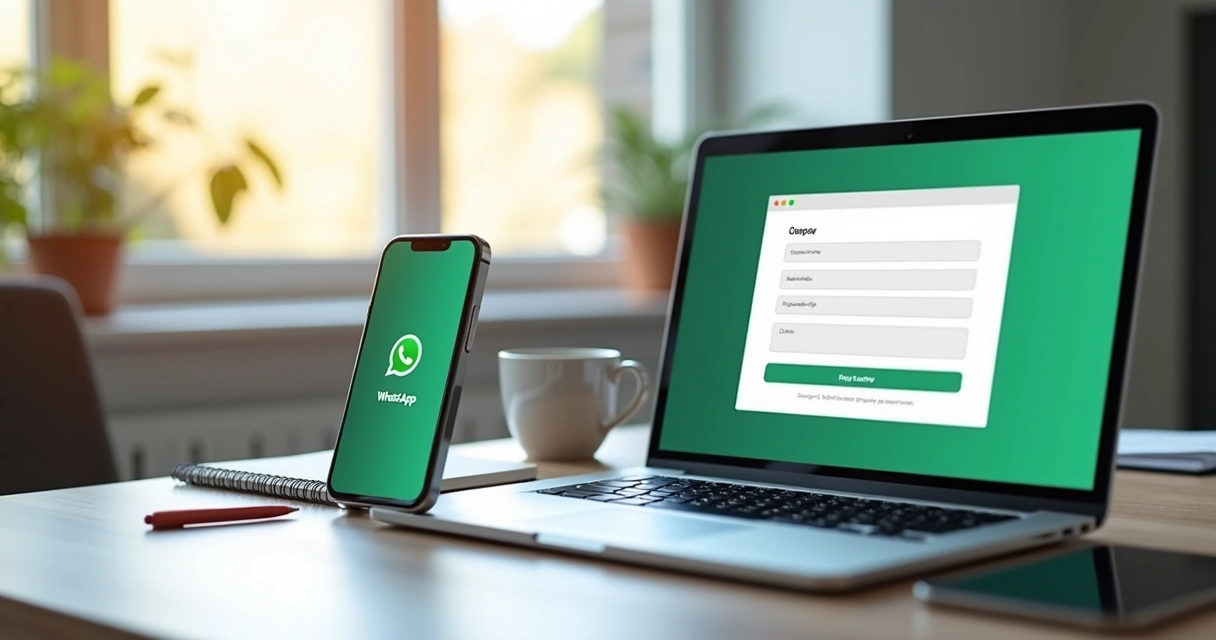 Smartphone mostrando conversa no WhatsApp ao lado de uma tela de computador com página de captura aberta 
